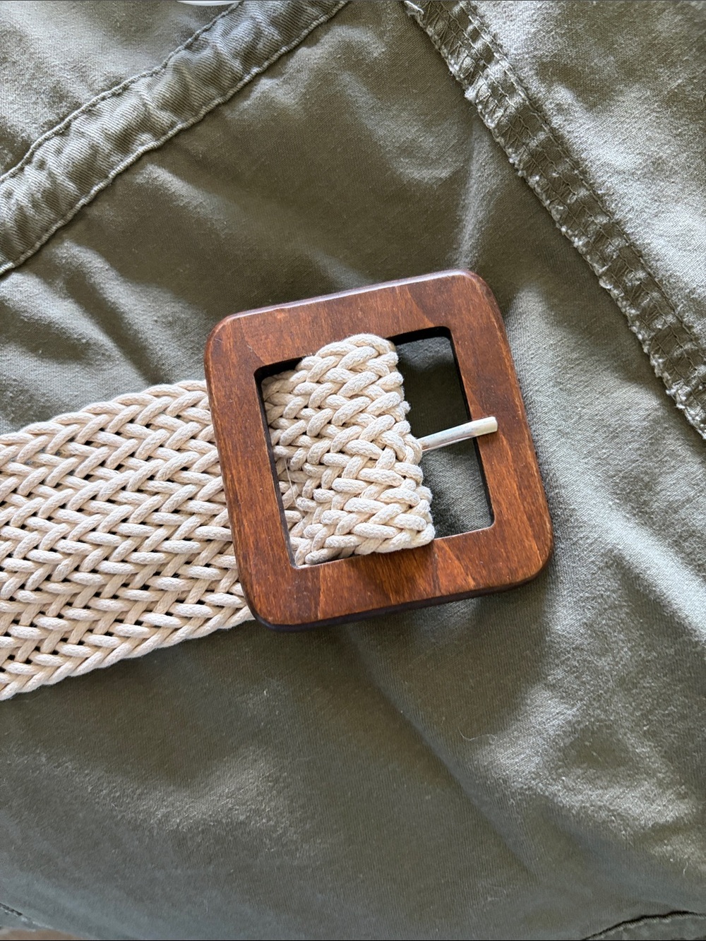 Braided Beige Cotton Belt with Wooden Square Buckle